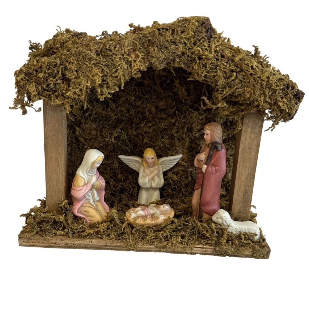 Vintage Nativity Set Ceramic Figures‎ Manger Scene Holy Family Angel Lamb